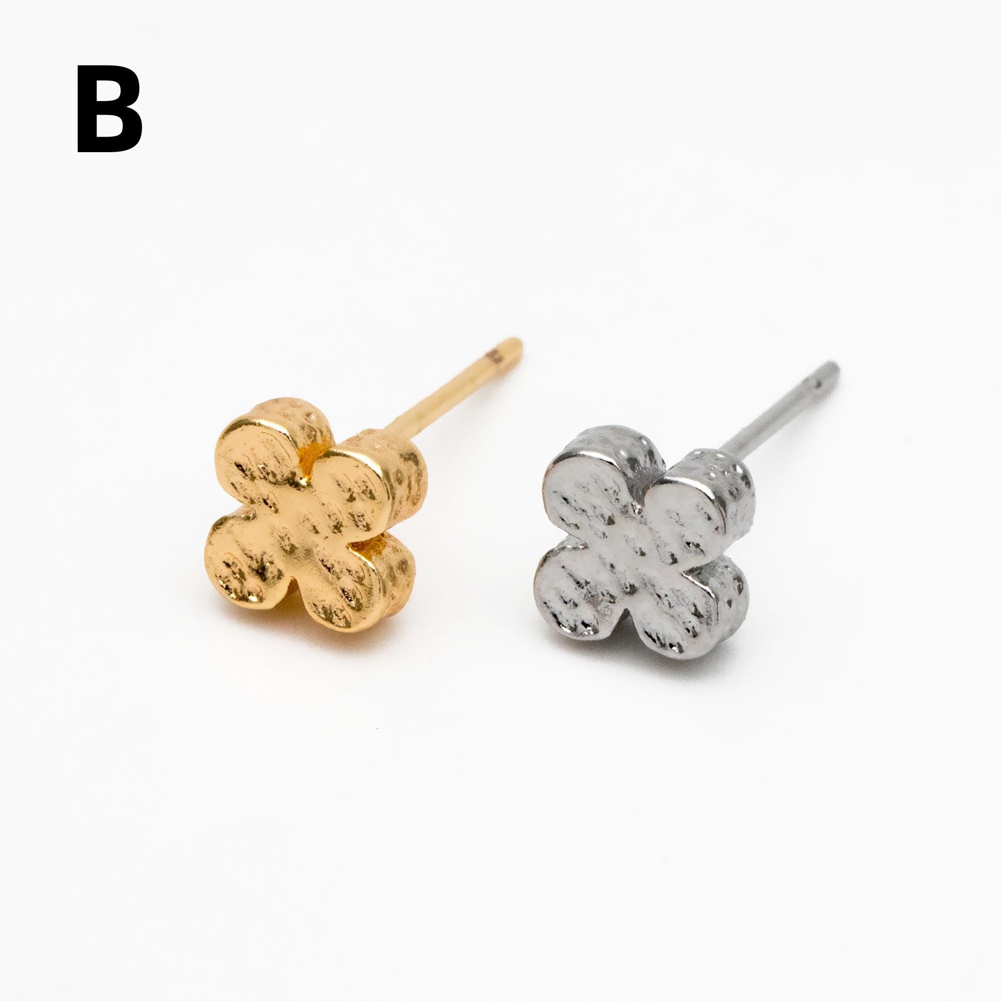 10pcs Gold/ Silver Tone Hammered Heart/ Clover/ Club/ Cross Earrings, Real Gold/ Rhodium Plated Brass Minimalist Stud Earrings (GB-4481)